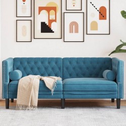 Canapé Chesterfield avec traversins 2 places bleu velours 