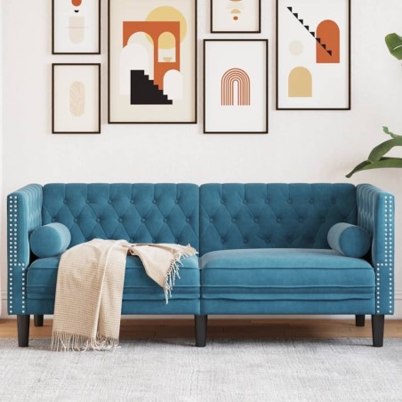 Canapé Chesterfield avec traversins 2 places bleu velours 