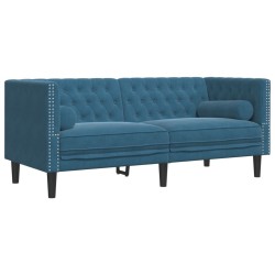 Canapé Chesterfield avec traversins 2 places bleu velours 