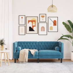 Canapé Chesterfield avec traversins 2 places bleu velours 