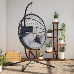 Chaise suspendue en forme d'œuf et support gris rotin et acier 