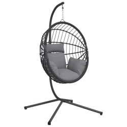 Chaise suspendue en forme d'œuf et support gris rotin et acier 