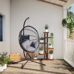 Chaise suspendue en forme d'œuf et support gris rotin et acier 