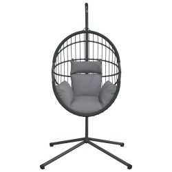 Chaise suspendue en forme d'œuf et support gris rotin et acier 