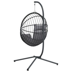 Chaise suspendue en forme d'œuf et support gris rotin et acier 