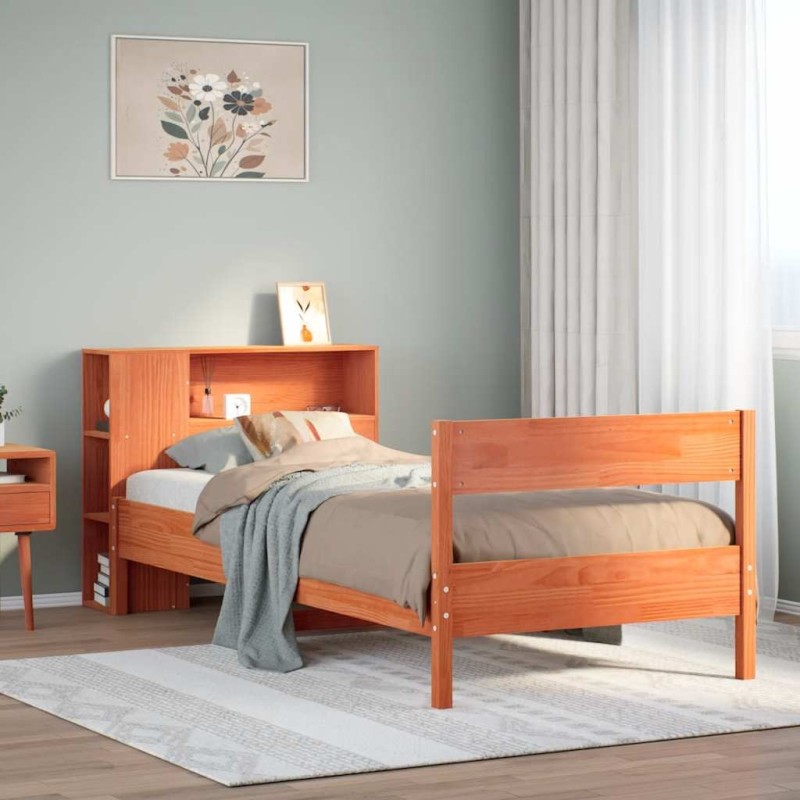 Lit bibliothèque sans matelas cire marron 90x200 cm pin massif 