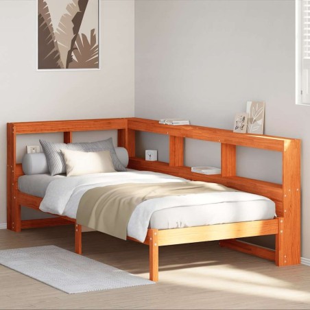 Lit bibliothèque sans matelas cire marron 75x190 cm pin massif 