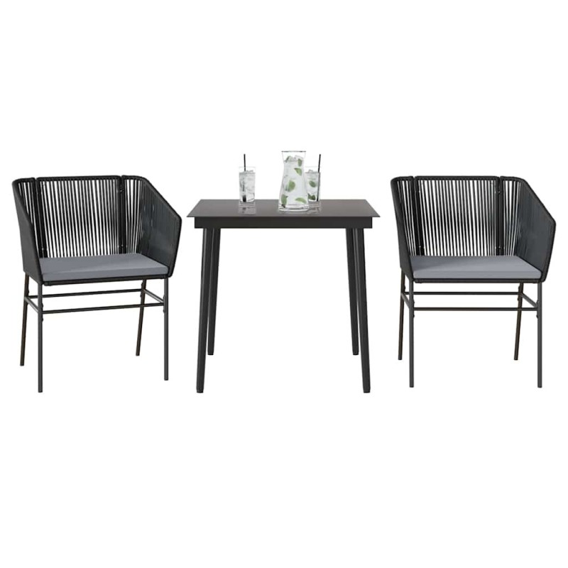 Ensemble à manger de jardin et coussins 3 pcs noir rotin verre 