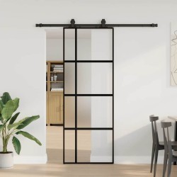Porte coulissante kit quincaillerie noir 76x205 cm verre trempé 
