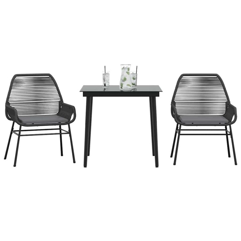 Ensemble à manger de jardin et coussins 3 pcs noir rotin verre 