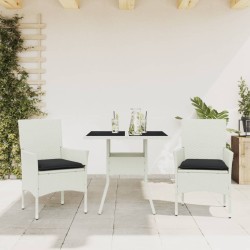 Ensemble à manger de jardin et coussins 3 pcs blanc rotin verre 