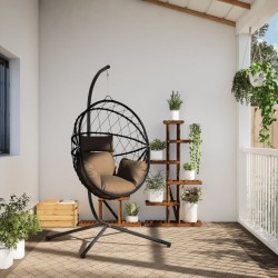 Chaise suspendue en forme d'œuf et support taupe rotin et acier 