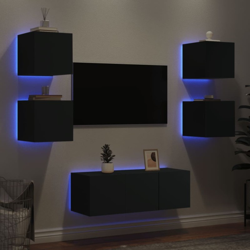 Unités murales TV avec LED 6 pcs noir bois d'ingénierie 