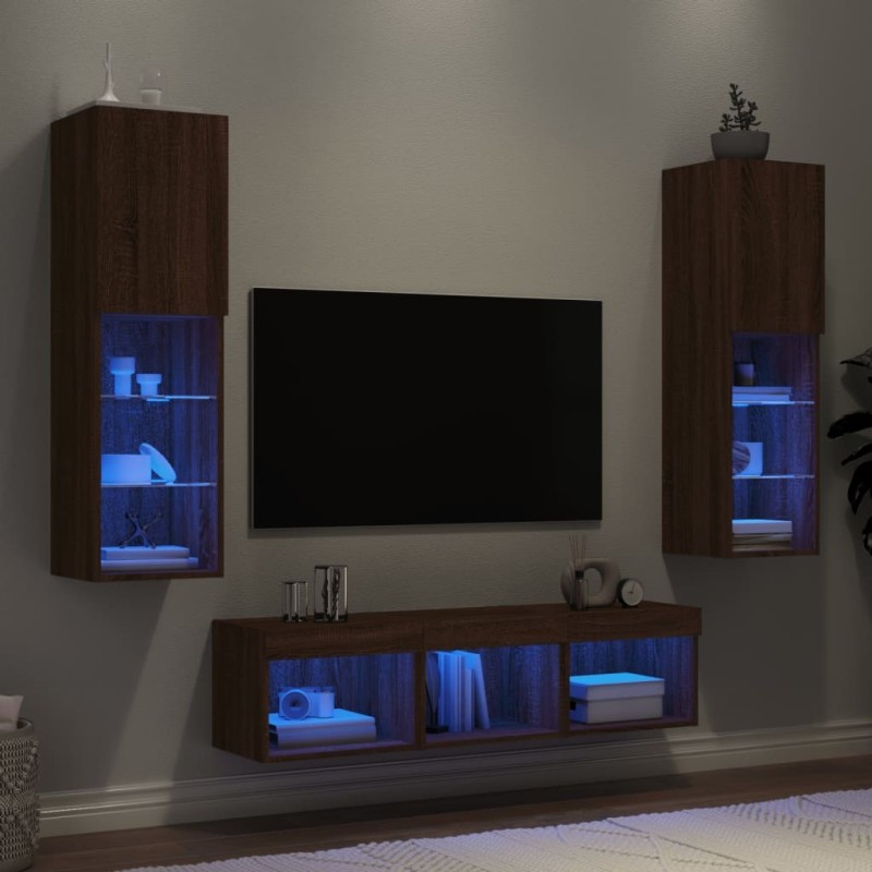 Unités murales TV avec LED 5 pcs chêne marron bois d'ingénierie 