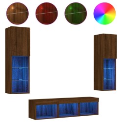 Unités murales TV avec LED 5 pcs chêne marron bois d'ingénierie 