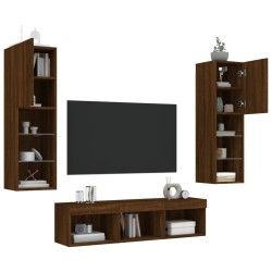 Unités murales TV avec LED 5 pcs chêne marron bois d'ingénierie 