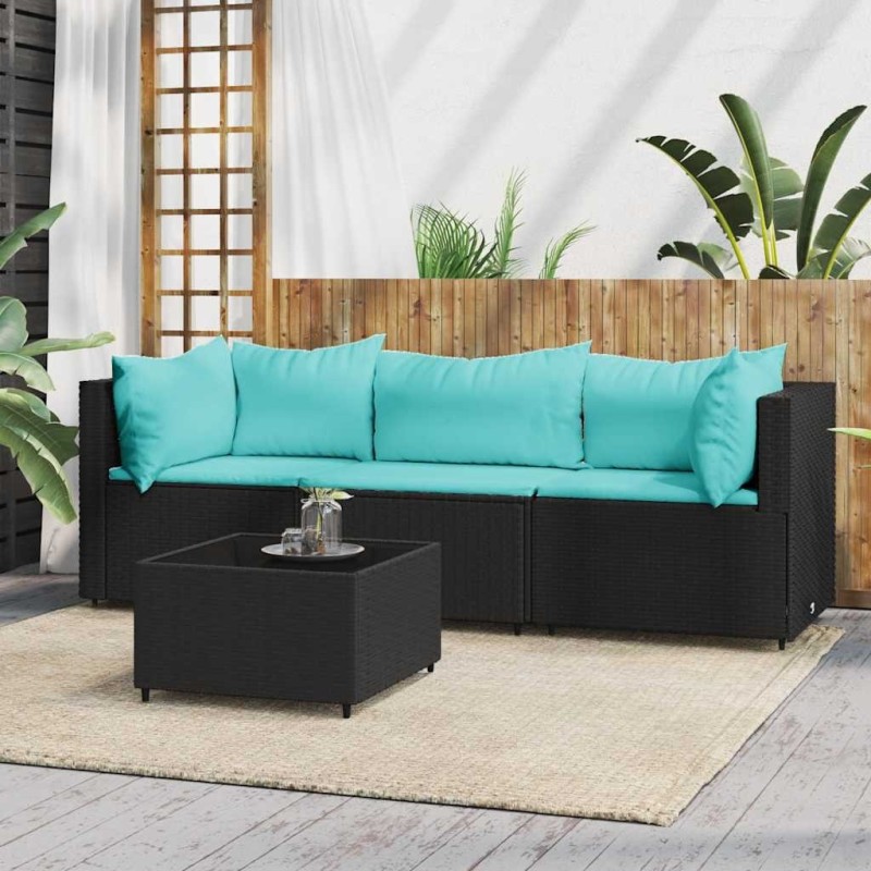 Salon de jardin 4 pcs avec coussins Noir Résine tressée 