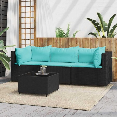 Salon de jardin 4 pcs avec coussins Noir Résine tressée 
