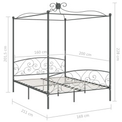 Cadre de lit à baldaquin sans matelas gris métal 160x200 cm 