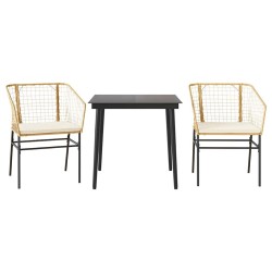 Ensemble à manger jardin coussins 3pcs marron poly rotin verre 