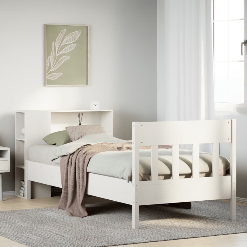 Lit bibliothèque sans matelas blanc 75x190cm bois de pin massif 