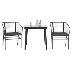 Ensemble à manger de jardin et coussins 3 pcs noir rotin verre 