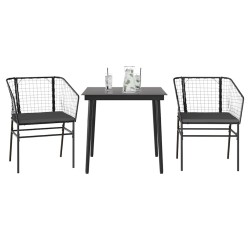 Ensemble à manger de jardin et coussins 3 pcs noir rotin verre 