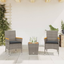 Ensemble de bistro avec coussins 3 pcs gris rotin et verre 