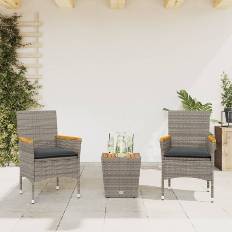 Ensemble de bistro avec coussins 3 pcs gris rotin et verre 