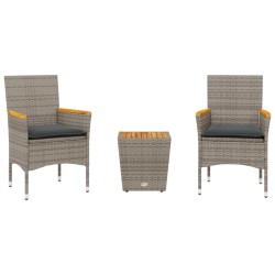 Ensemble de bistro avec coussins 3 pcs gris rotin et verre 