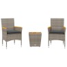 Ensemble de bistro avec coussins 3 pcs gris rotin et verre 