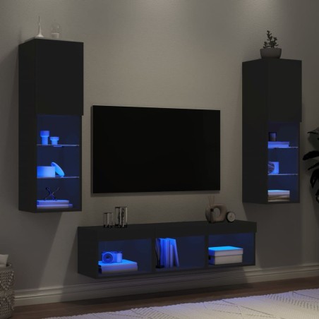 Unités murales TV avec LED 5 pcs noir bois d'ingénierie 