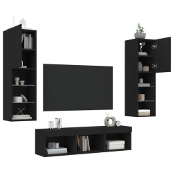 Unités murales TV avec LED 5 pcs noir bois d'ingénierie 