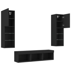 Unités murales TV avec LED 5 pcs noir bois d'ingénierie 
