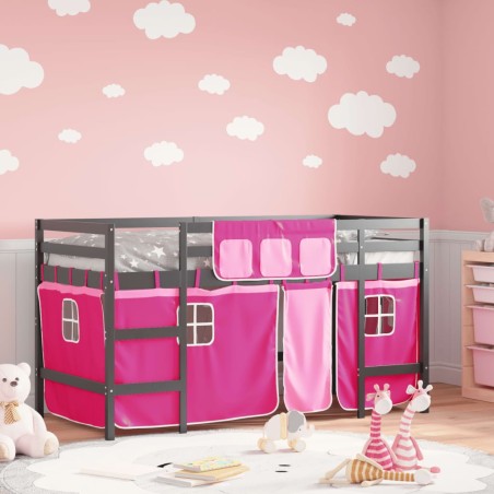 Lit mezzanine enfants avec rideaux sans matelas rose 90x190 cm 