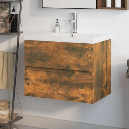 Meuble lavabo avec bassin intégré Chêne fumé Bois d'ingénierie 