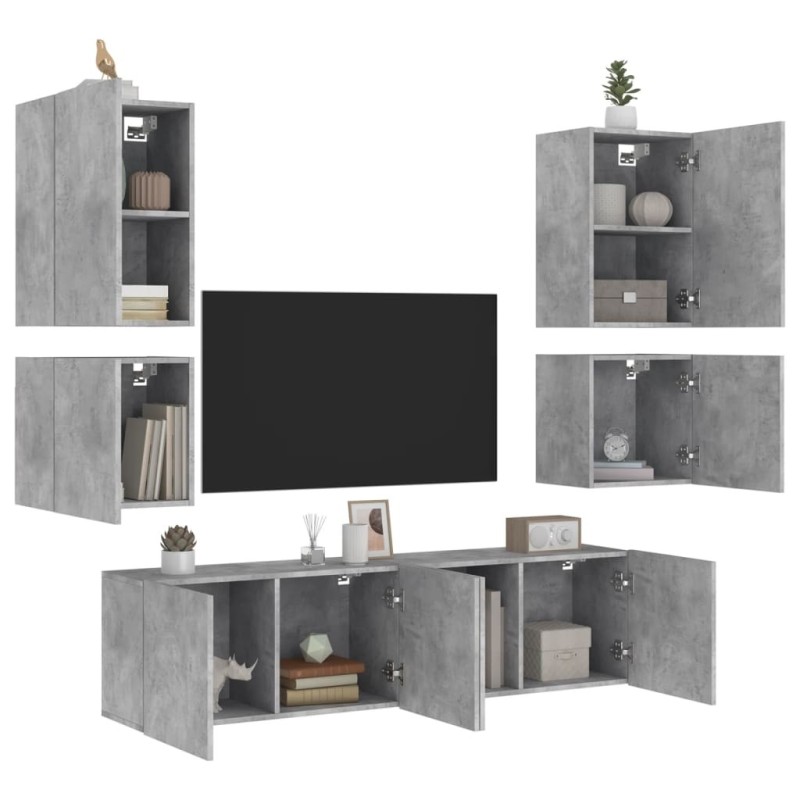 Unités murales TV 6 pcs gris béton bois d'ingénierie 