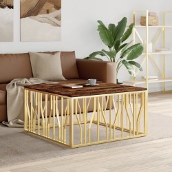 Table basse doré acier inoxydable et bois massif récupération 