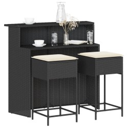 Ensemble de bar de jardin 3 pcs avec coussins noir poly rotin 