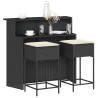 Ensemble de bar de jardin 3 pcs avec coussins noir poly rotin 