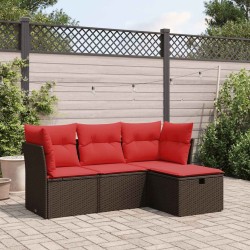Salon de jardin 4 pcs avec coussins marron résine tressée 