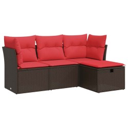 Salon de jardin 4 pcs avec coussins marron résine tressée 