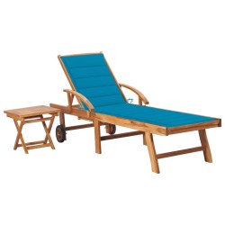 Chaise longue avec table et coussin Bois de teck solide 