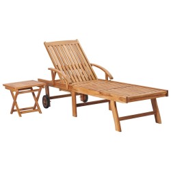 Chaise longue avec table et coussin Bois de teck solide 