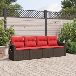 Salon de jardin 4 pcs avec coussins marron résine tressée 