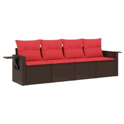 Salon de jardin 4 pcs avec coussins marron résine tressée 