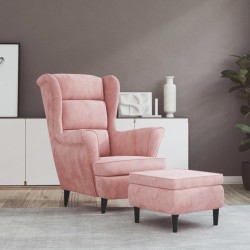 Fauteuil à oreilles avec tabouret rose velours 
