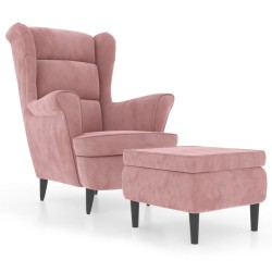 Fauteuil à oreilles avec tabouret rose velours 