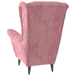 Fauteuil à oreilles avec tabouret rose velours 