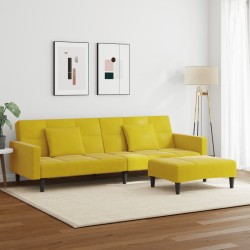 Canapé-lit à 2 places avec repose-pied jaune velours 